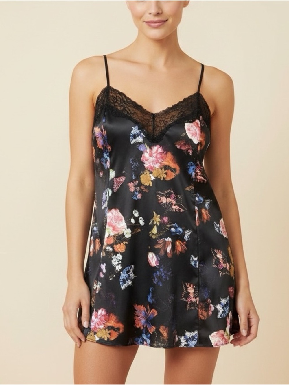 Cacique - Satin Sheer Lace Strappy Black Floral Butterfly Chemise Slip - 22/24